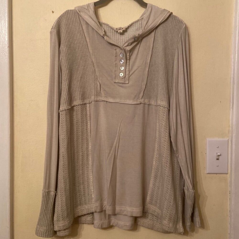 Pol top long sleeve shirt tan hooded top boho roomy fit womens size small new sm